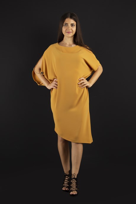 Asymmetric Dress With Chain Detail on the Sleeve - Mustard