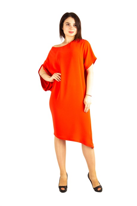 Asymmetric Dress With Chain Detail on the Sleeve - Orange