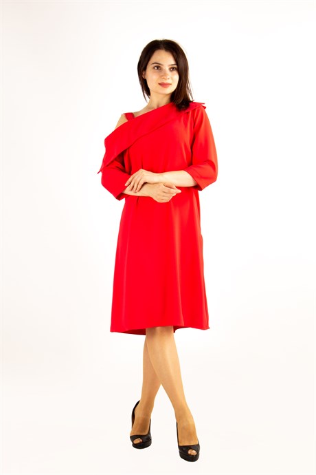 Asymmetric Off the Shoulder Dress - Red