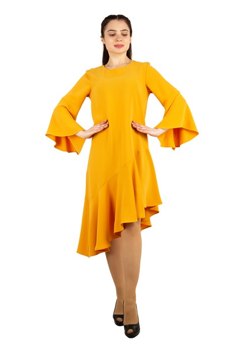 Asymmetrical Dress With Ruffle Hem - Mustard