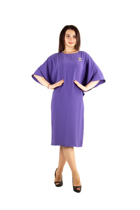 Batwing Plain Dress With Brooch Detail - Violet