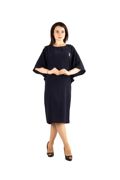 Batwing Plain Dress With Brooch Detail - Navy BLue