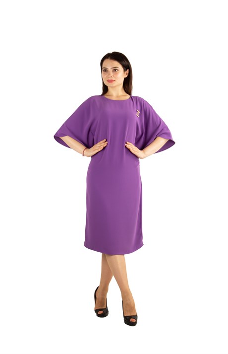 Batwing Plain Dress With Brooch Detail - Purple