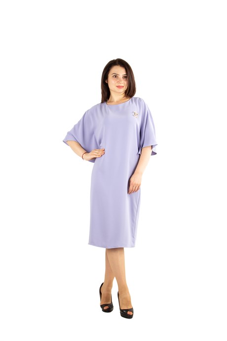 Batwing Plain Dress With Brooch Detail - Lilac