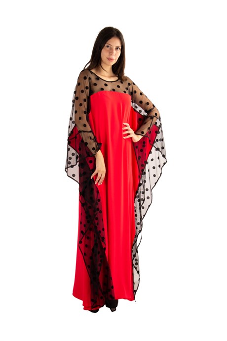 Batwing Sleeve Long Dress With Lace and Tulle Detail On The Chest - Red