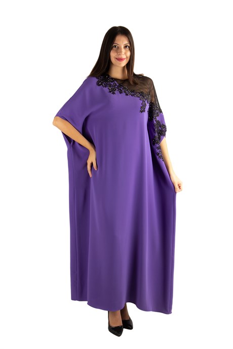 Batwing Sleeve Long Dress With Lace and Tulle Detail - Violet