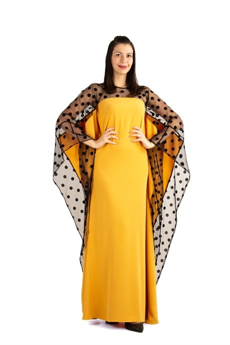 Batwing Sleeve Long Dress With Lace and Tulle Detail On The Chest - Mustard