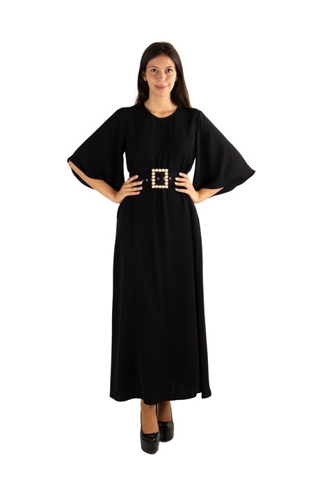 Bell Sleeve Long Big Size Dress With Pearl Belt