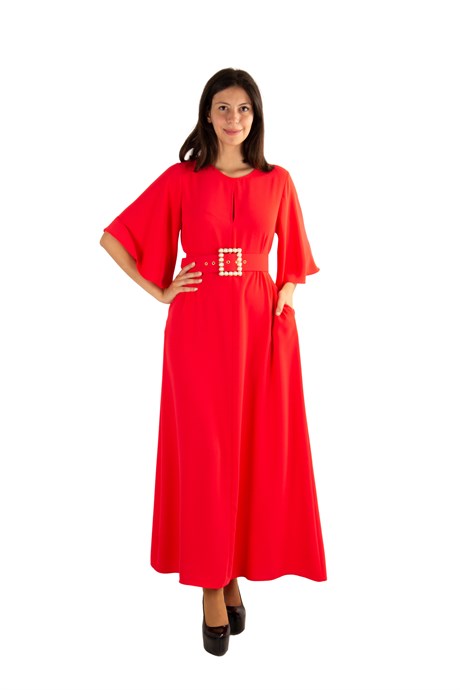 Bell Sleeve Long Big Size Dress With Pearl Belt - Red