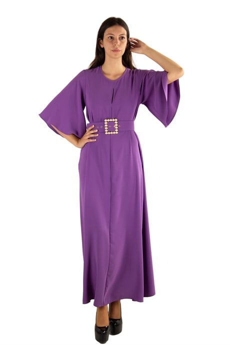 Bell Sleeve Long Dress With Pearl Belt - Purple