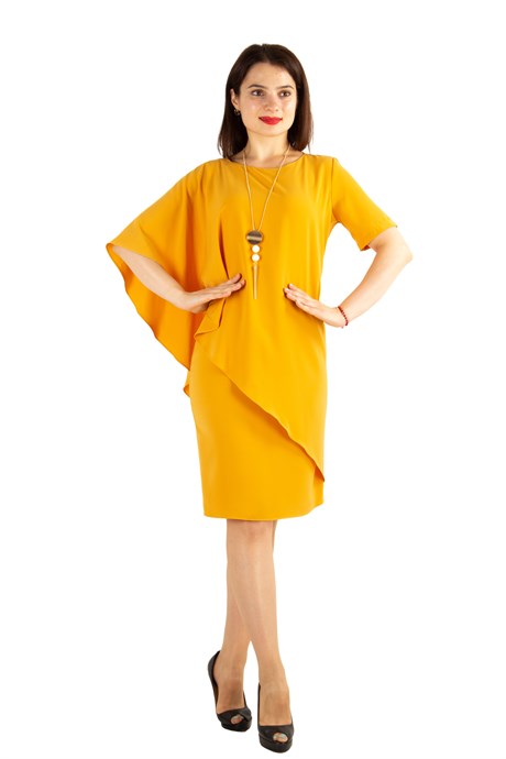 Cloak Cape Short Sleeve Elegant Bİg Size Dress - Mustard