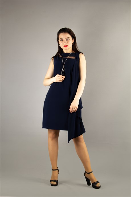 Draped Dress With Tulle Detail - Navy Blue