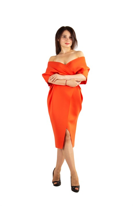 Elegant V Neck Wrap Scuba Slit Big Size Dress with Belt - Orange