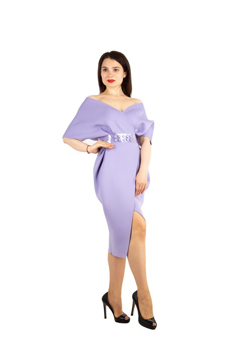Elegant V Neck Wrap Scuba Slit Dress with Belted - Lilac