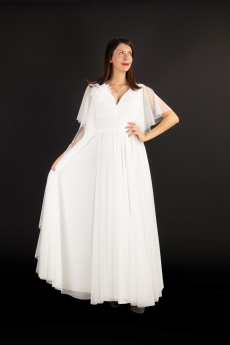 Flared Tulle Low-Cut Ruffled Sleeve Maxi Dress - White