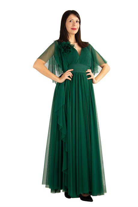 Flared Tulle Low-Cut Ruffled Sleeve Maxi Dress