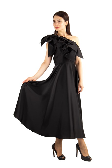 Flower and Diamond  Detail One Shoulder Satin Dress - Black