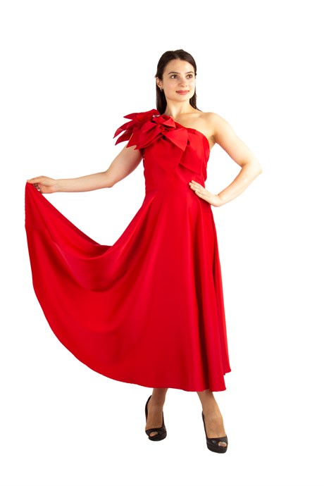 Flower and Diamond  Detail One Shoulder Satin Dress - Red