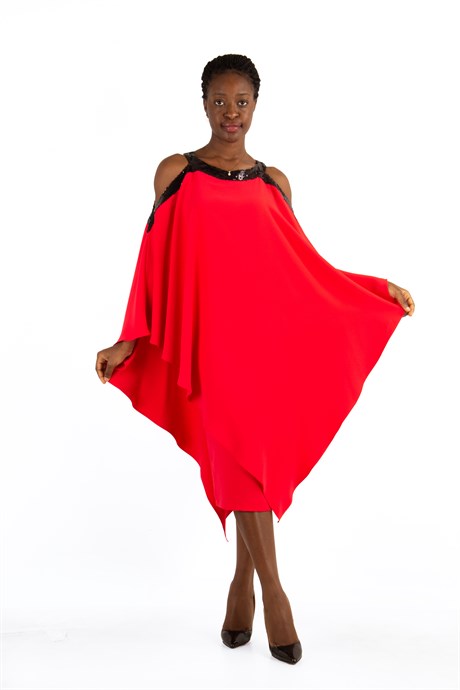 Halter Cold Shoulder Cape ​Sequin Dress - Red