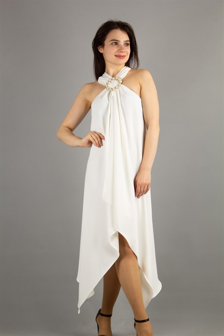 Halter O-Ring Center Slit Dress - White