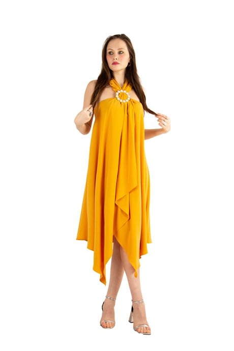 Halter O-Ring Center Slit Dress - Yellow