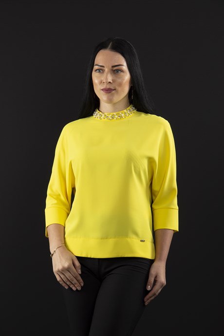 High Collar Stoned Neck Big Size Blouse