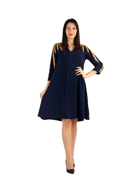 Lace Detail Shoulder V-Neck Dress - Navy Blue