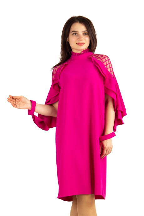 Lace Shoulders High Neck Ruffle Sleeves Big Size Dress - Fuchsia