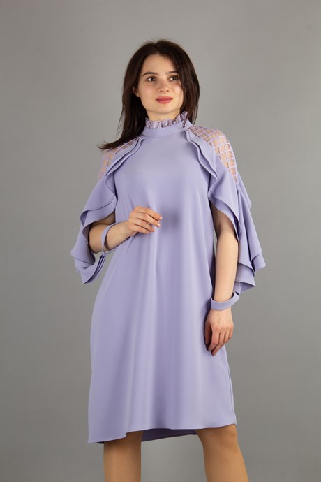 Lace Shoulders High Neck Ruffle Sleeves Dress - Lilac