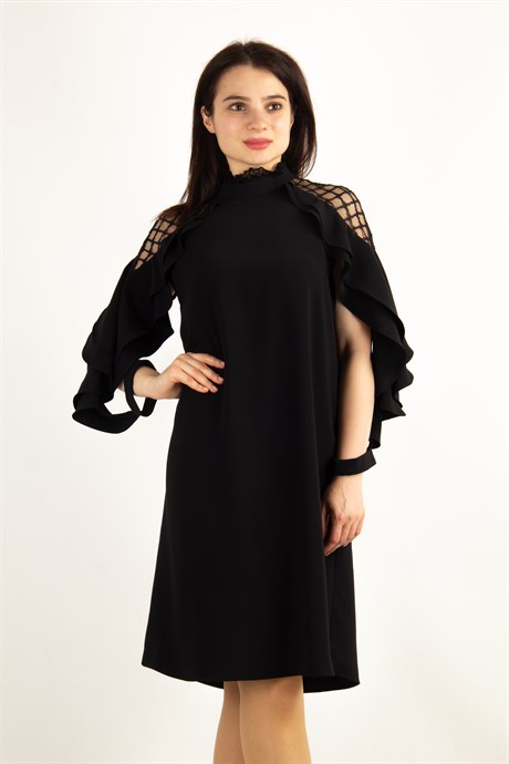 Lace Shoulders High Neck Ruffle Sleeves Dress - Black