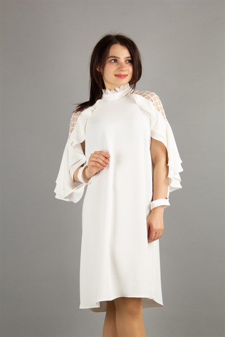 Lace Shoulders High Neck Ruffle Sleeves Big Size Dress - White