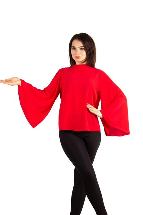 O Neck Long Wide Sleeve Top - Red