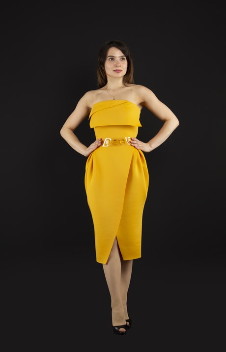 Off Shoulder Mini Scuba Dress With Transparent Belt Detail - Mustard