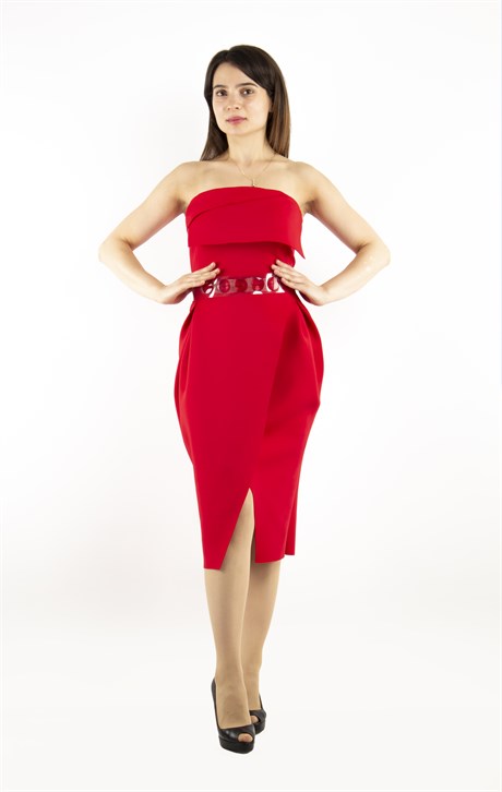 Off Shoulder Mini Scuba Dress With Transparent Belt Detail - Red