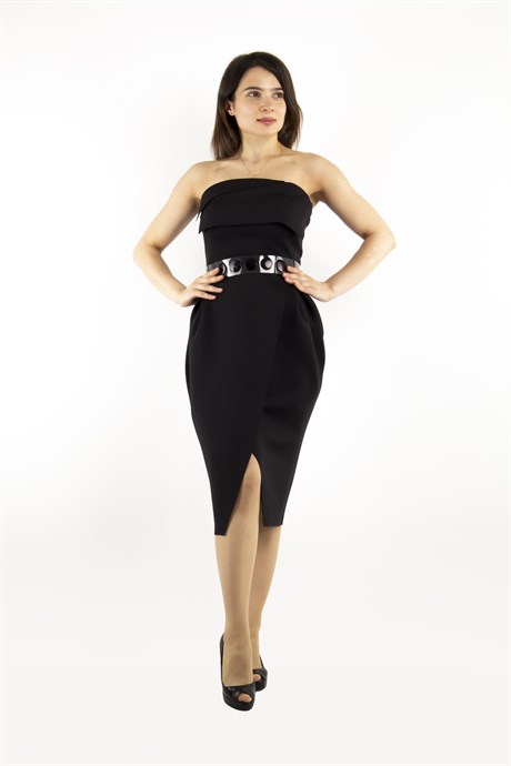 Off Shoulder Mini Scuba Dress With Transparent Belt Detail - Black