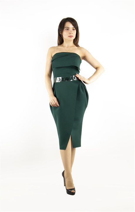 Off Shoulder Mini Scuba Dress With Transparent Belt Detail - Emerald