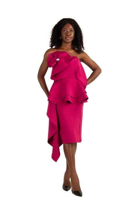 Off The Shoulder Ruffle Peplum Scuba Dress With Big Flower Detail - Maroon