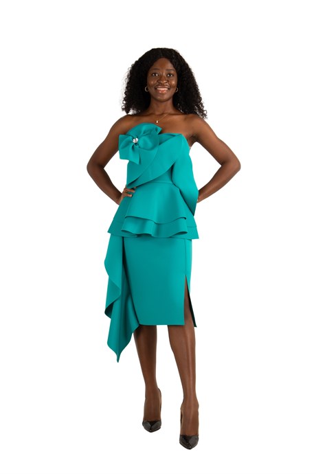 Off The Shoulder Ruffle Peplum Scuba Dress With Big Flower Detail - Benetton