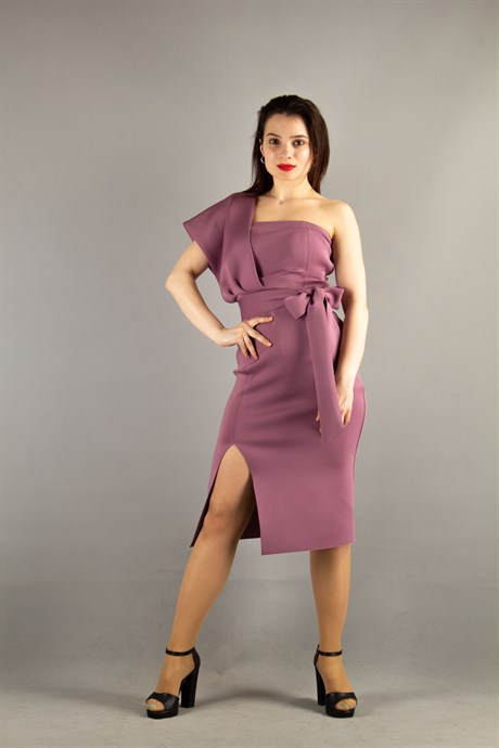 One Shoulder Scuba Dress With Matched Belt - Rusty Rose