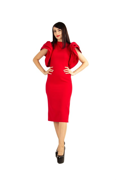 Open Back High Round Sleeves Big Size Dress - Red