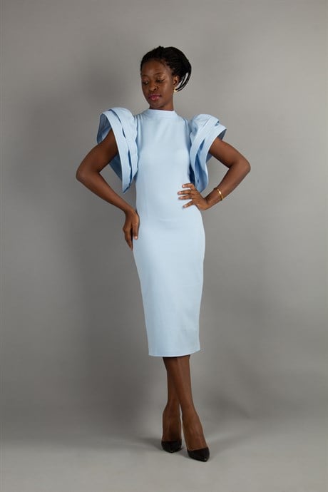 Open Back High Round Sleeves Big Size Dress - Baby Blue
