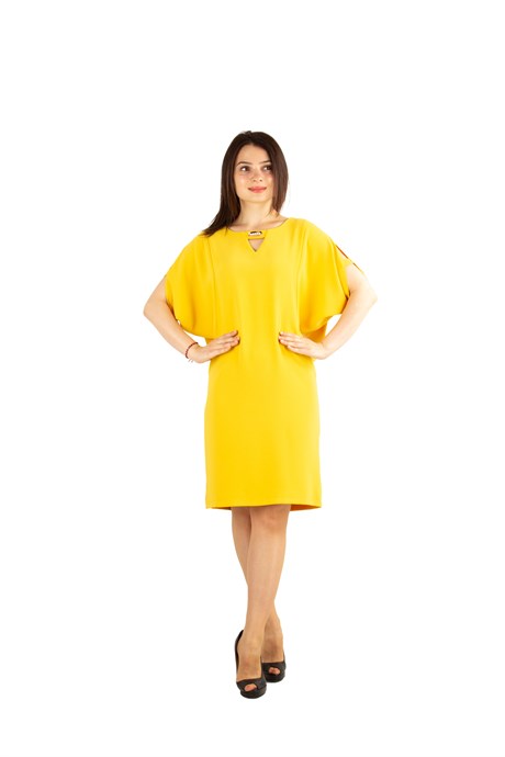 Pearl Brooch Detailed Cold Shoulder Big Size Dress - Yellow