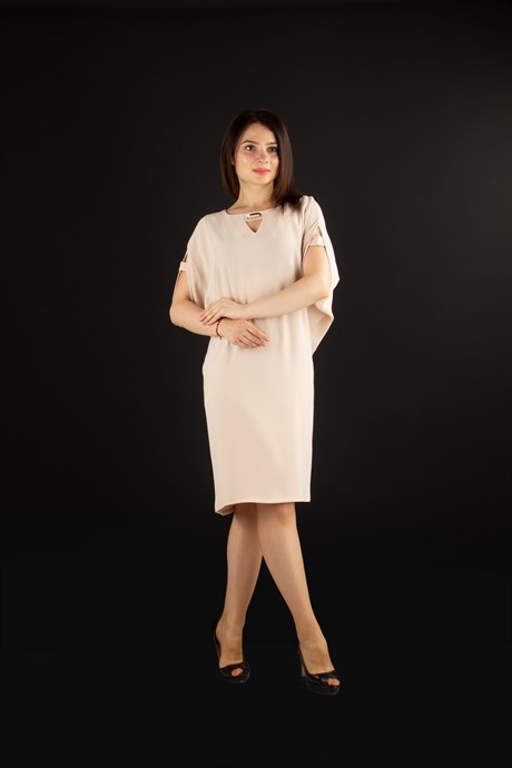 Pearl Brooch Detailed Cold Shoulder Dress - Beige