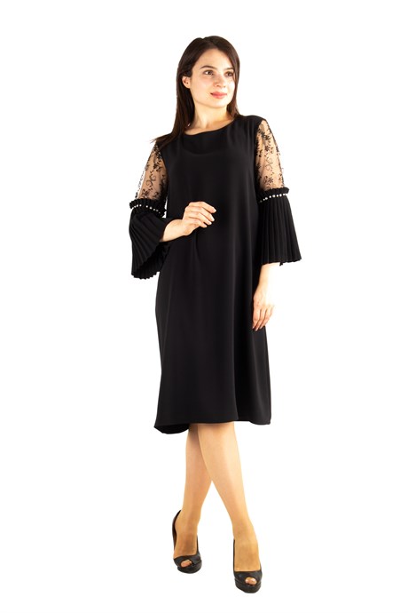 Pleated Sleeve Cuff Big Size Dress With Stone And Lace Detail - Black