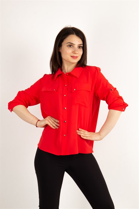 Pocket Detail Classic Blouse - Red