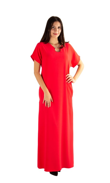 Ring Detail Long Big Size Dress - Red