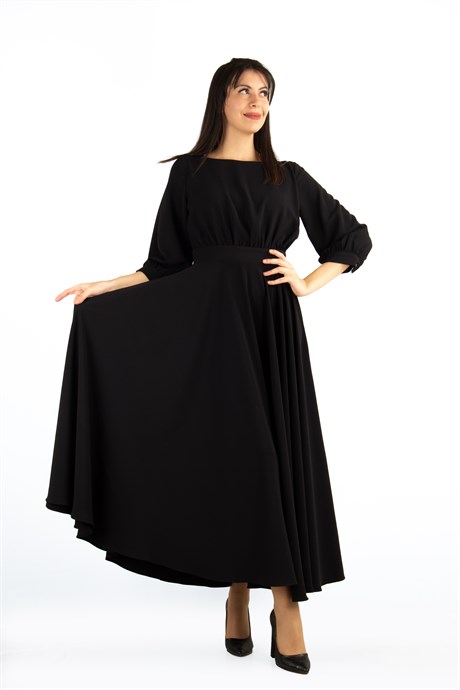 Round Neck Half Sleeve Flare Maxi Dress - Black
