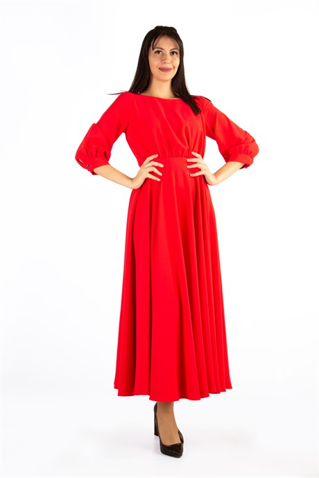 Round Neck Half Sleeve Flare Maxi Dress - Red