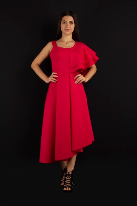 Ruffle One Shoulder Scuba Dress - Red