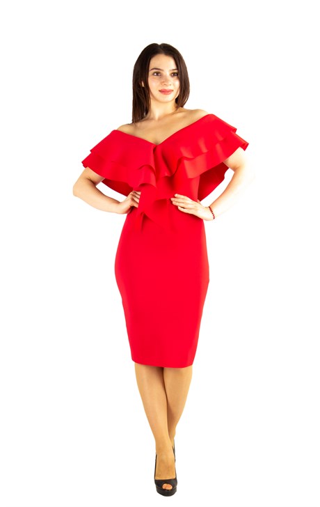 Ruffle V-Neck Sleeveless Mini Scuba Dress - Red
